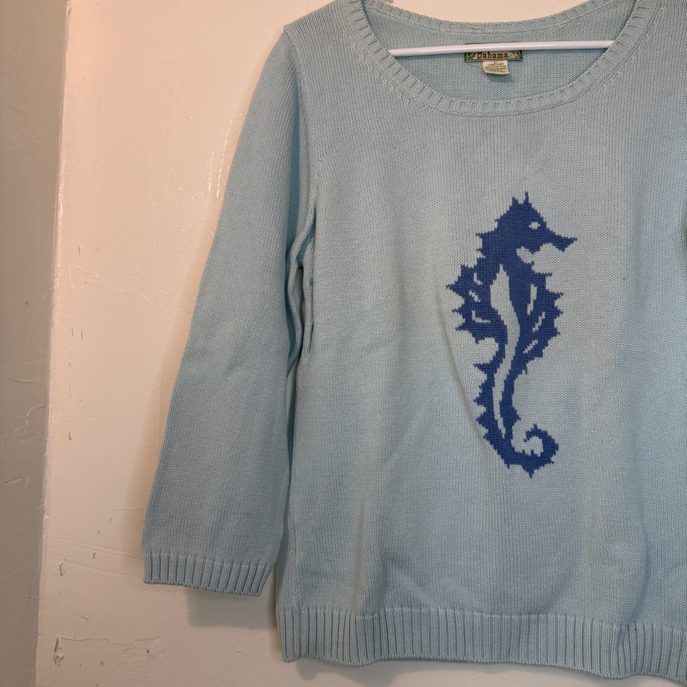 Vintage Tommy Bahama Seahorse Sweater Blue Cotton Cashmere Blend Size L 12/14 - Picture 2 of 5